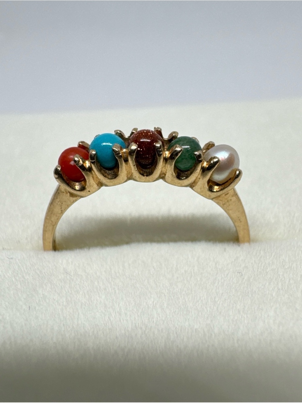 VTG BEAUTIFUL 10K YELLOW GOLD MULTI STONE TURQUOISE PEARL JADE RING SIZE 5.75 - Picture 7 of 15